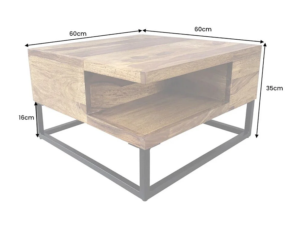 Table basse GRADI 60 cm en bois massif de Sheesham et métal – Table basse carrée industrielle avec niche