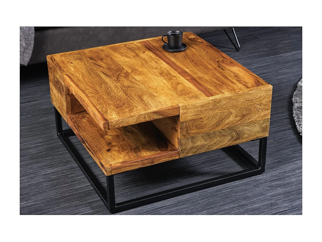 Table basse GRADI 60 cm en bois massif de Sheesham et métal – Table basse carrée industrielle avec niche