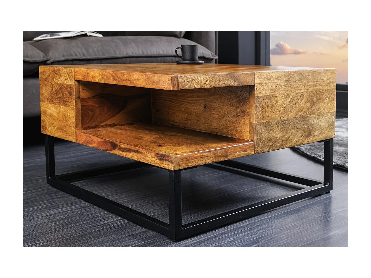 Table basse GRADI 60 cm en bois massif de Sheesham et métal – Table basse carrée industrielle avec niche