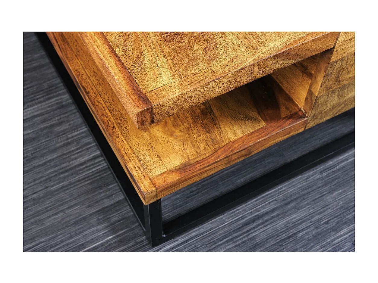 Table basse GRADI 60 cm en bois massif de Sheesham et métal – Table basse carrée industrielle avec niche