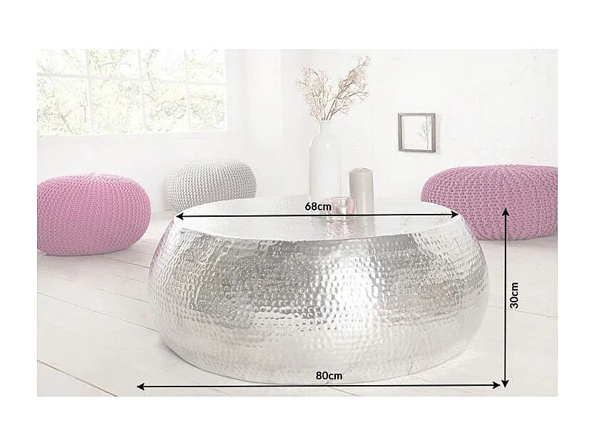 Mesa baja TRIANE plateada 80 cm – Aluminio martillado diseño brillante