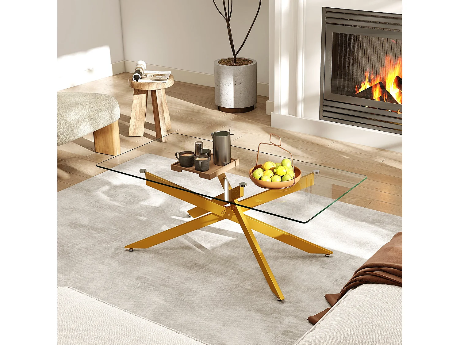 Couchtisch aus Gehärtetem Glas Rechteckiger Glastisch Moderner Kaffeetisch 120 x 60 x 45,5 cm Gold