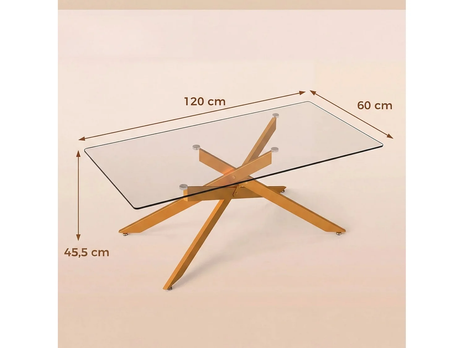 Couchtisch aus Gehärtetem Glas Rechteckiger Glastisch Moderner Kaffeetisch 120 x 60 x 45,5 cm Gold