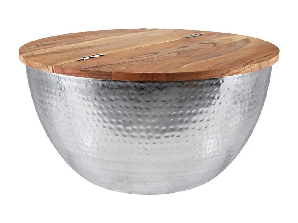 Mesa baja TRIANE 60 cm con cofre – Tapa de madera de acacia y estructura de metal plateado martillado