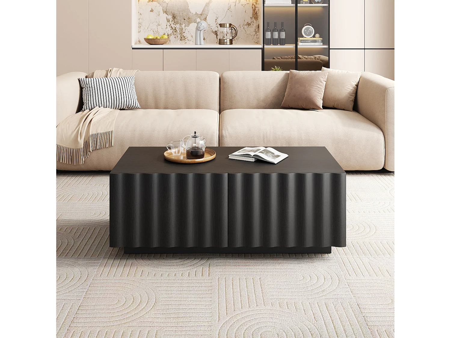 Table basse moderne 100x50x40 cm - 2 tiroirs - Motif vague - MDF + panneaux de particules - Noir