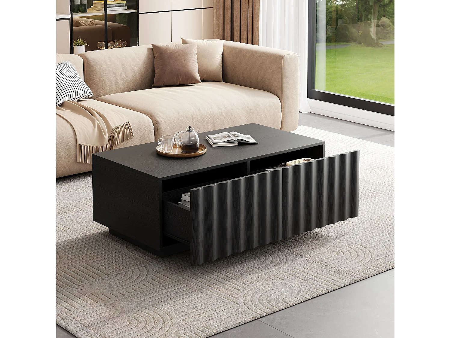 Table basse moderne 100x50x40 cm - 2 tiroirs - Motif vague - MDF + panneaux de particules - Noir