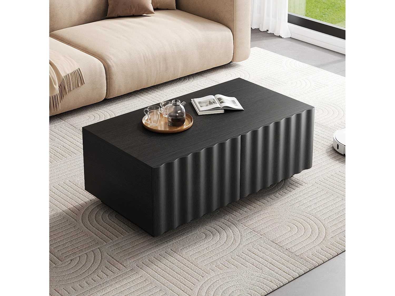 Table basse moderne 100x50x40 cm - 2 tiroirs - Motif vague - MDF + panneaux de particules - Noir