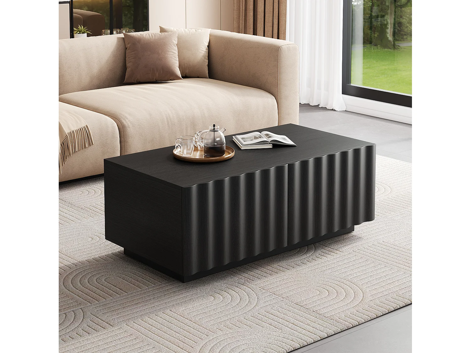 Table basse moderne 100x50x40 cm - 2 tiroirs - Motif vague - MDF + panneaux de particules - Noir
