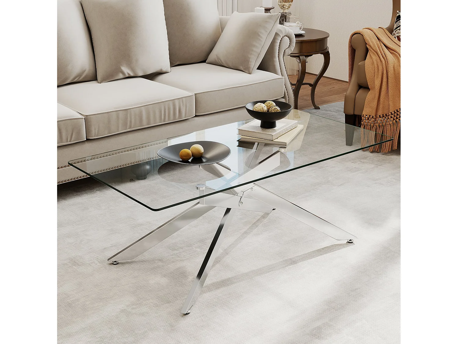 Table Basse en Verre Table Centrale Rectangulaire avec Plateau en Verre Trempé & Pieds Tubulaires en Métal Table 120 x 60 x 45,5 cm Argent
