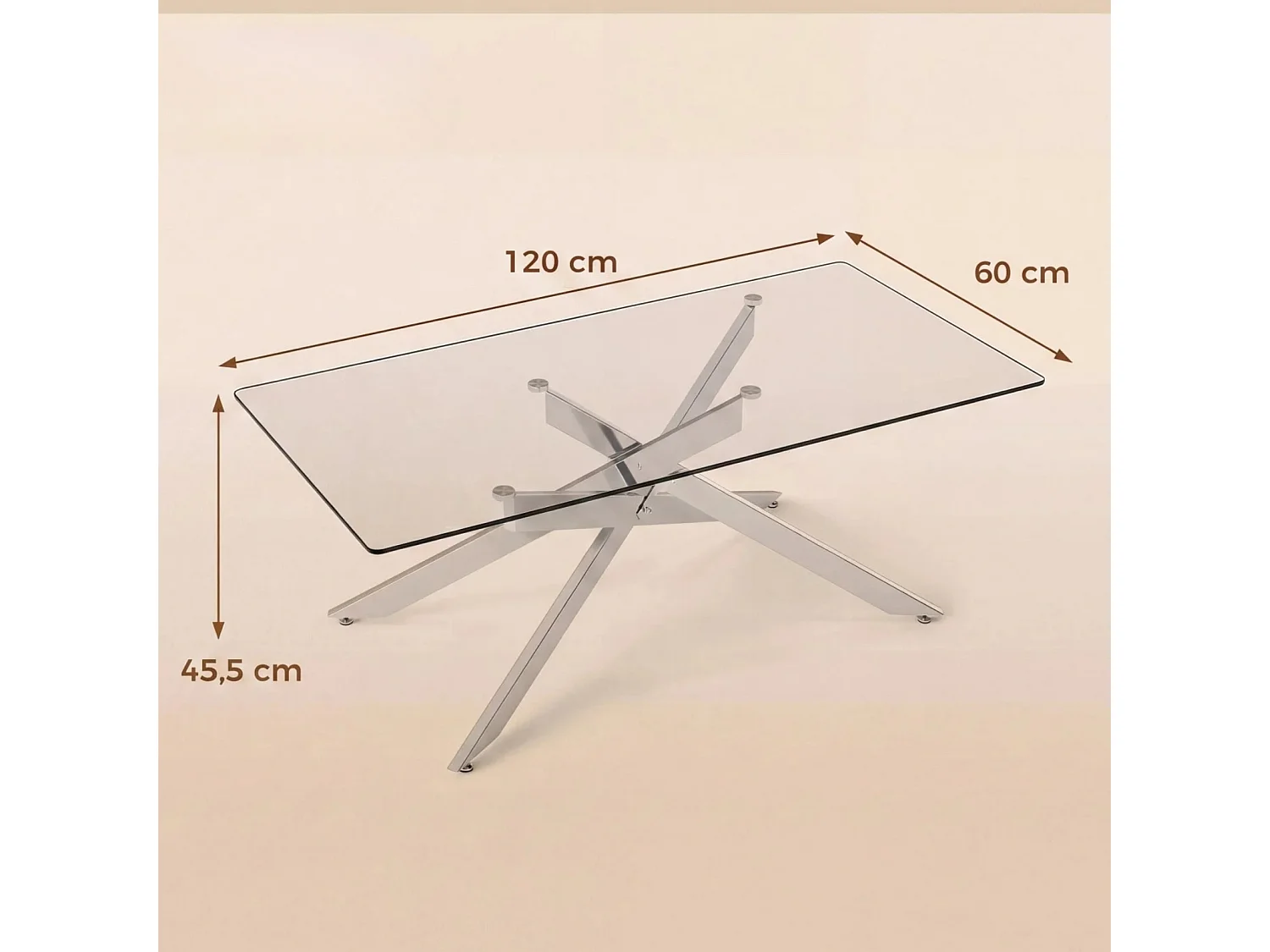 Table Basse en Verre Table Centrale Rectangulaire avec Plateau en Verre Trempé & Pieds Tubulaires en Métal Table 120 x 60 x 45,5 cm Argent