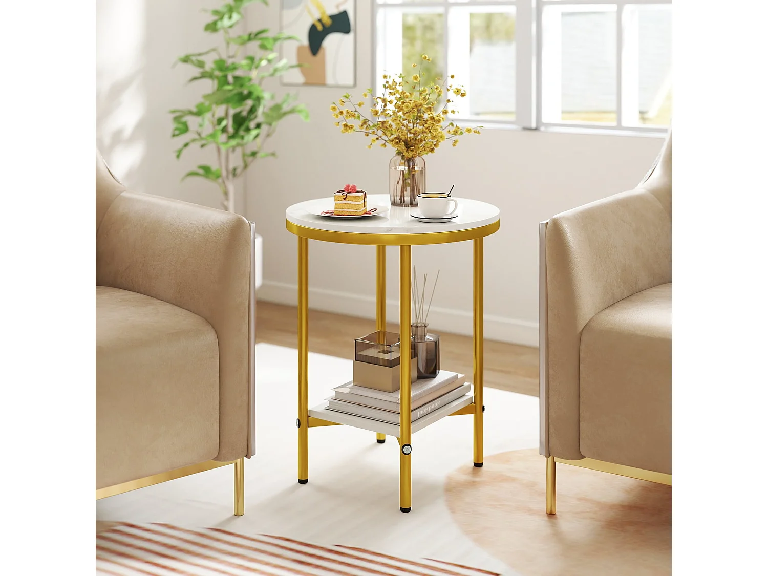 Tavolino rotondo a 2 livelli 40,5 cm Tavolino con aspetto di marmo bianco e ripiano Bianco + Oro