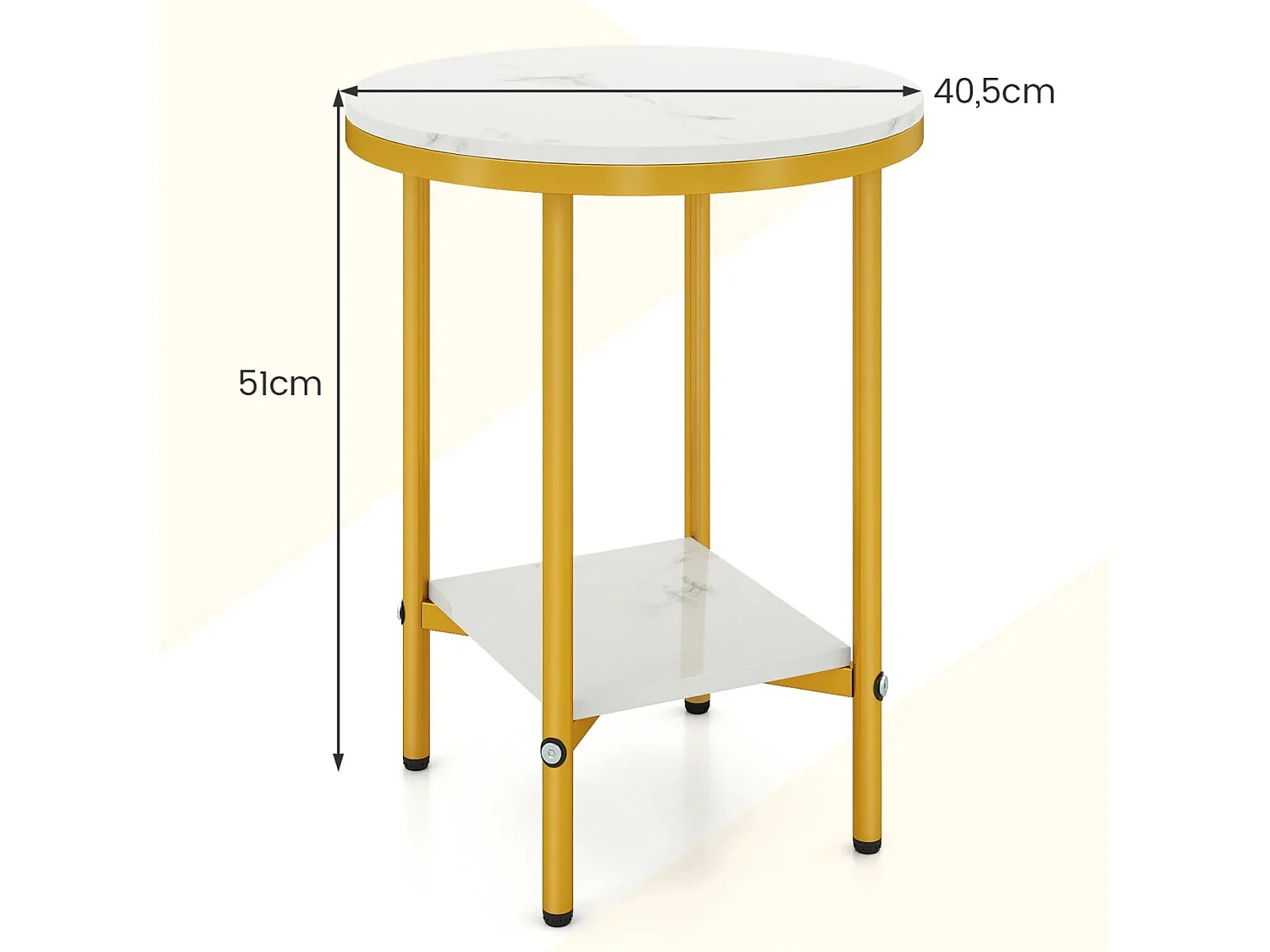Tavolino rotondo a 2 livelli 40,5 cm Tavolino con aspetto di marmo bianco e ripiano Bianco + Oro