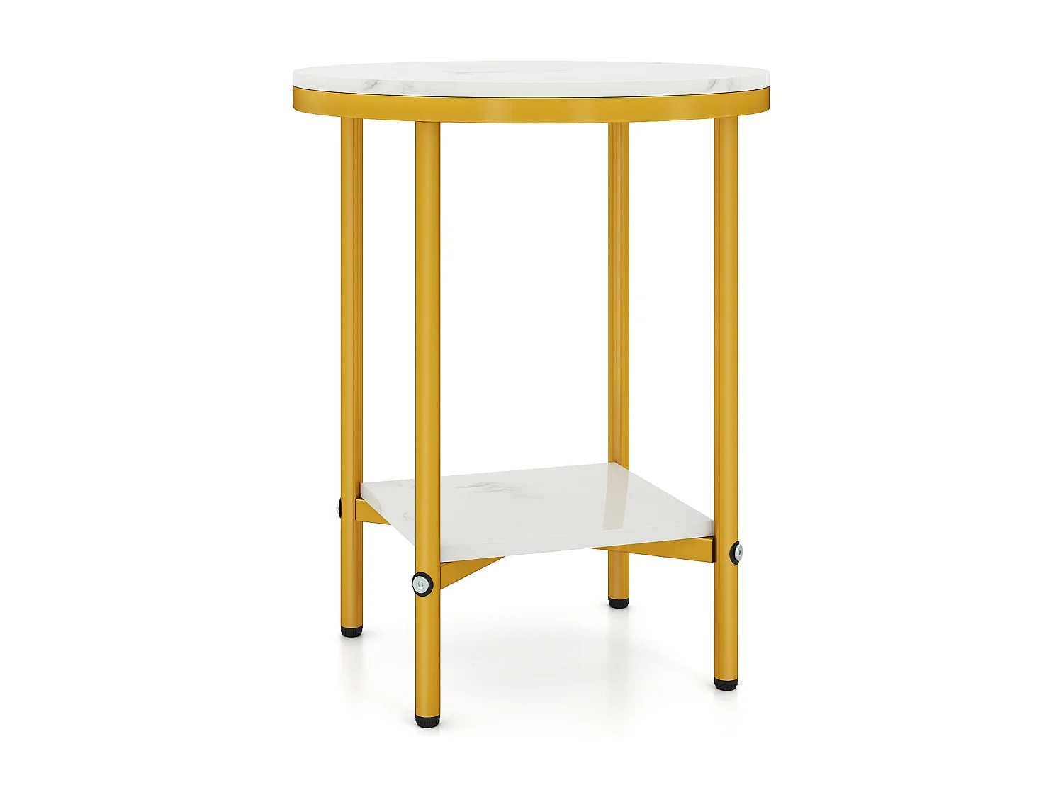 Tavolino rotondo a 2 livelli 40,5 cm Tavolino con aspetto di marmo bianco e ripiano Bianco + Oro
