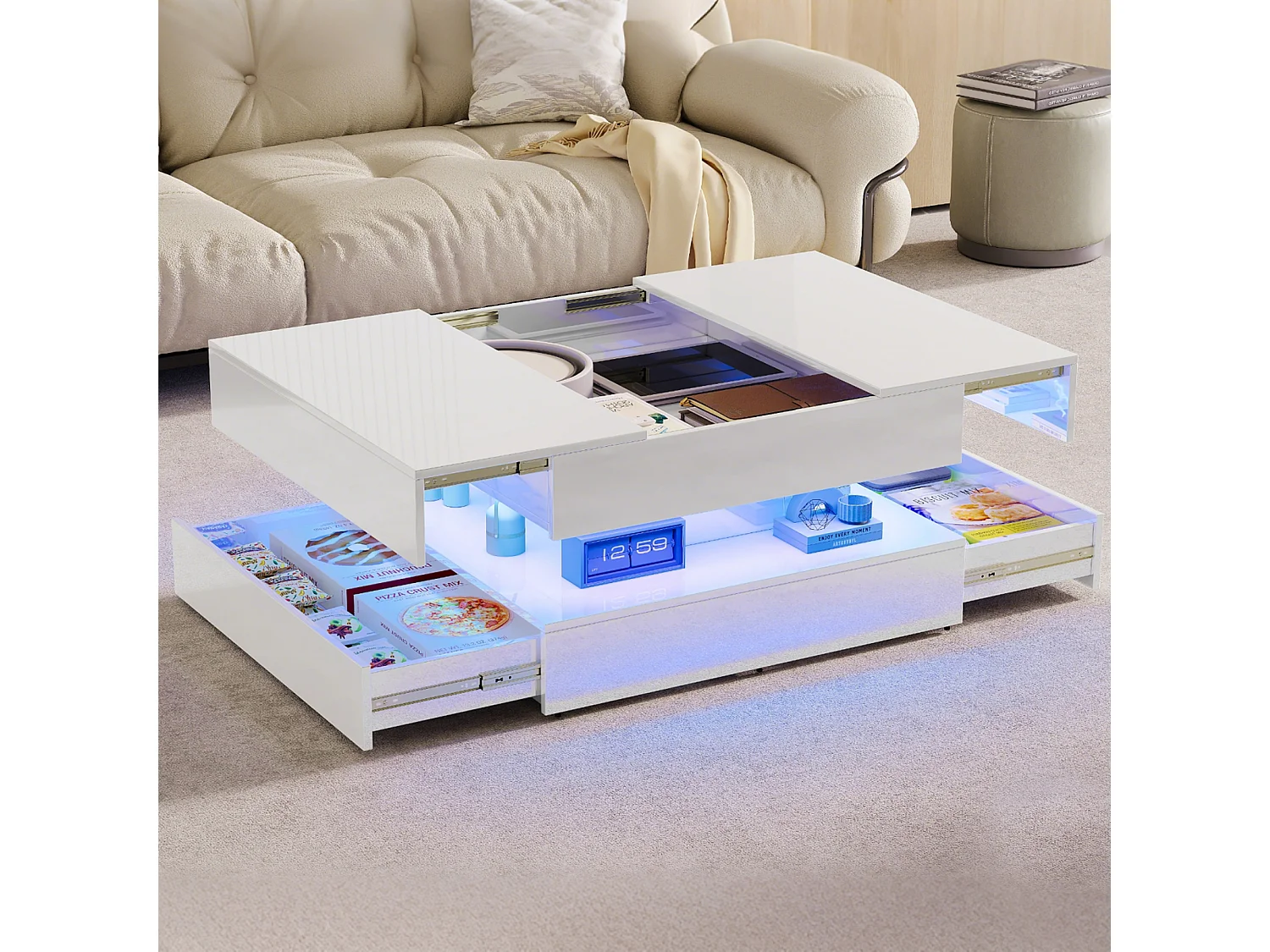 Table basse avec éclairage LED - tiroirs et rangement dissimulé - 78 x 78 x 43 cm - blanc