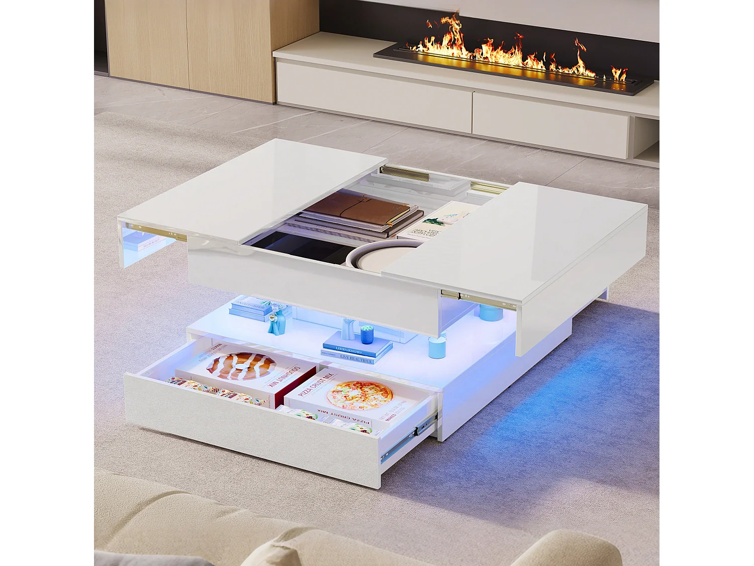 Table basse avec éclairage LED - tiroirs et rangement dissimulé - 78 x 78 x 43 cm - blanc
