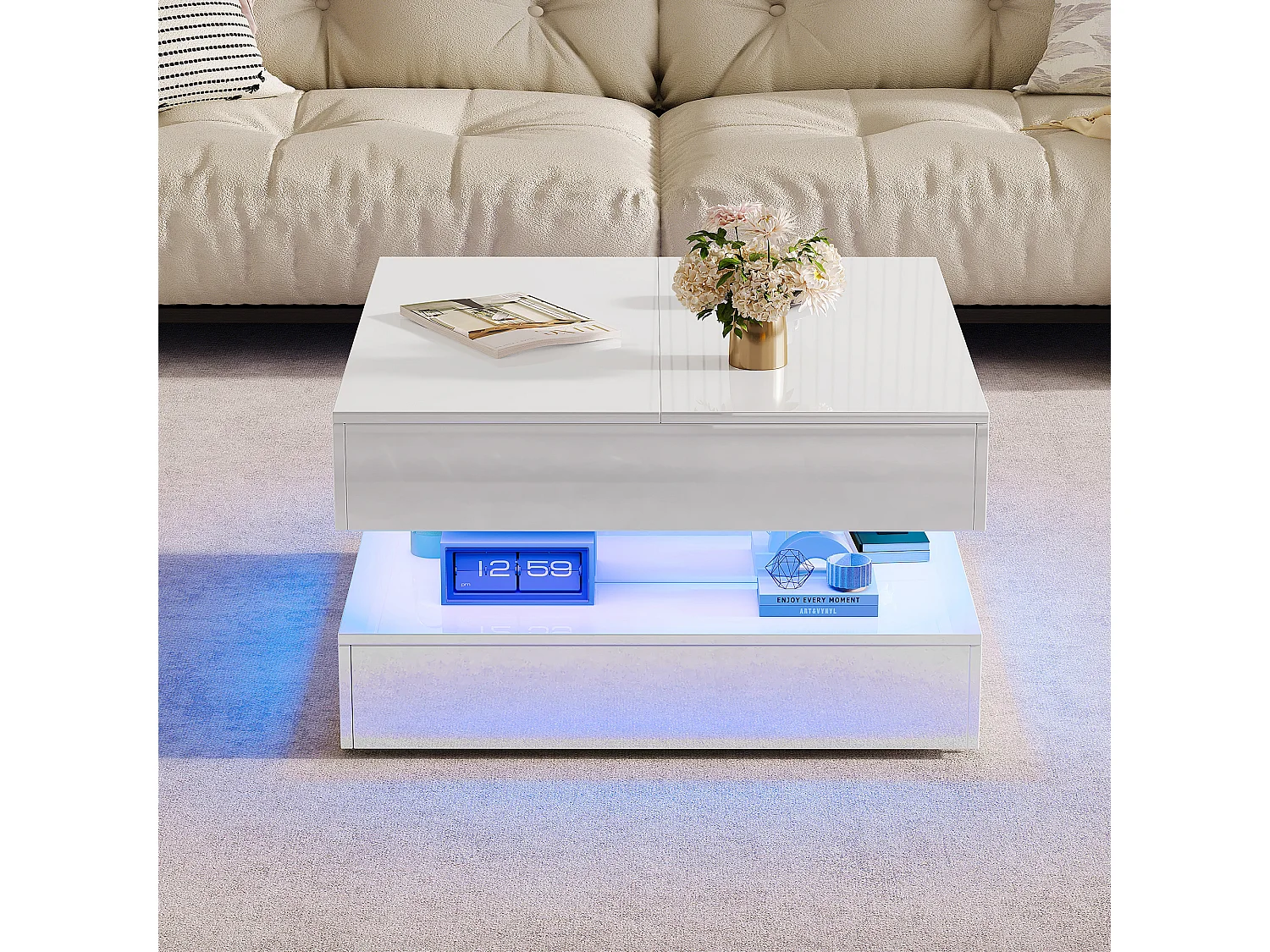 Table basse avec éclairage LED - tiroirs et rangement dissimulé - 78 x 78 x 43 cm - blanc