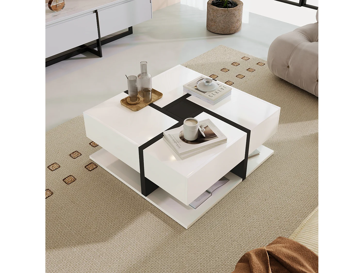 Square high-gloss coffee table with 4 drawers, particleboard, white, 78 x 78 x 36 cm