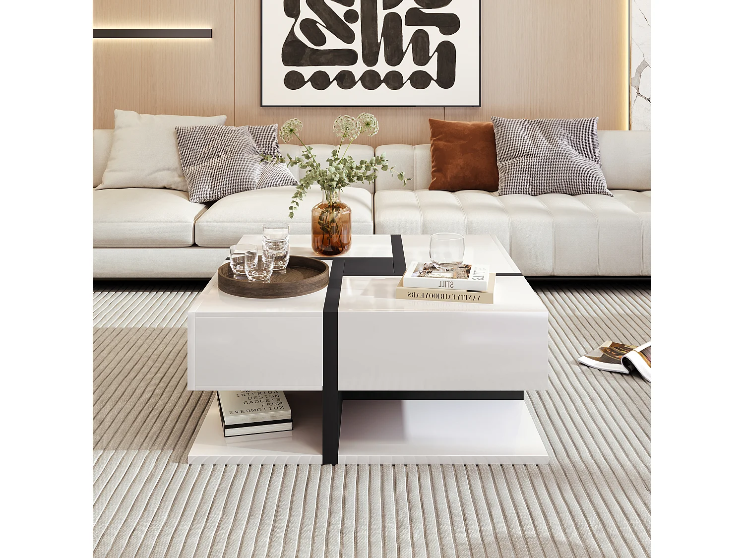Square high-gloss coffee table with 4 drawers, particleboard, white, 78 x 78 x 36 cm