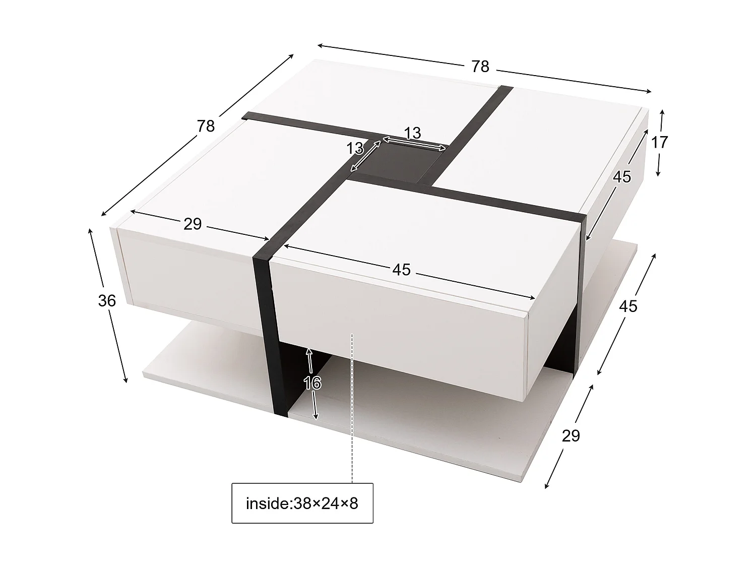 Square high-gloss coffee table with 4 drawers, particleboard, white, 78 x 78 x 36 cm