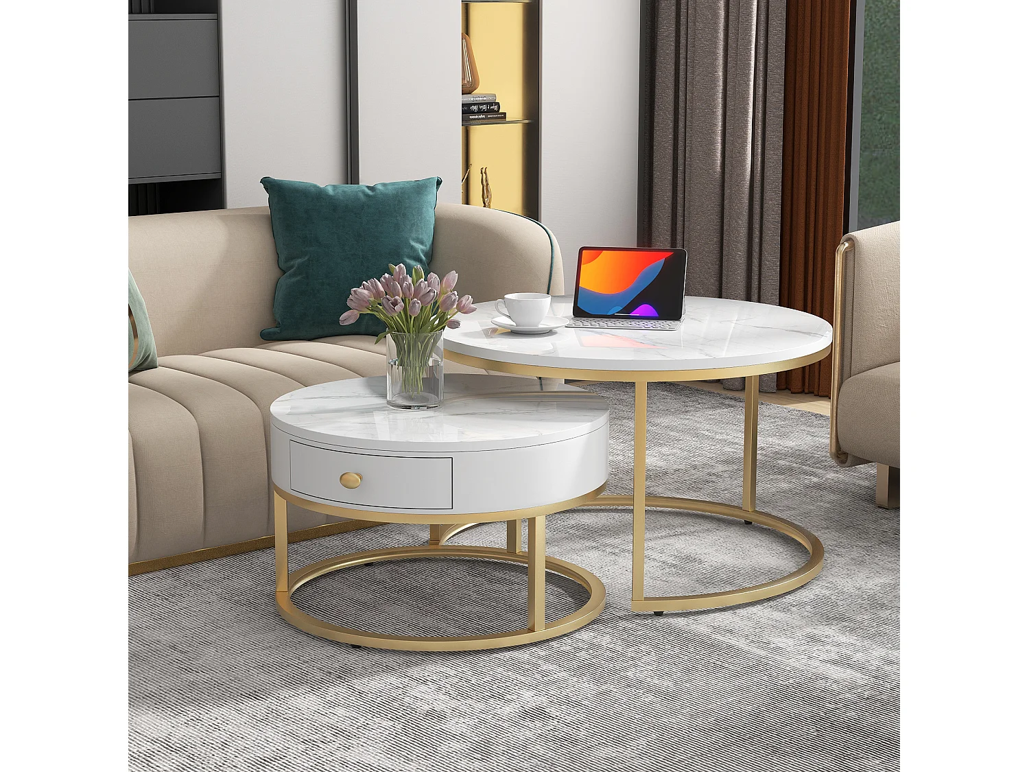 Set of 2 nesting coffee tables with drawer - Scandinavian style - marble-pattern veneer - White