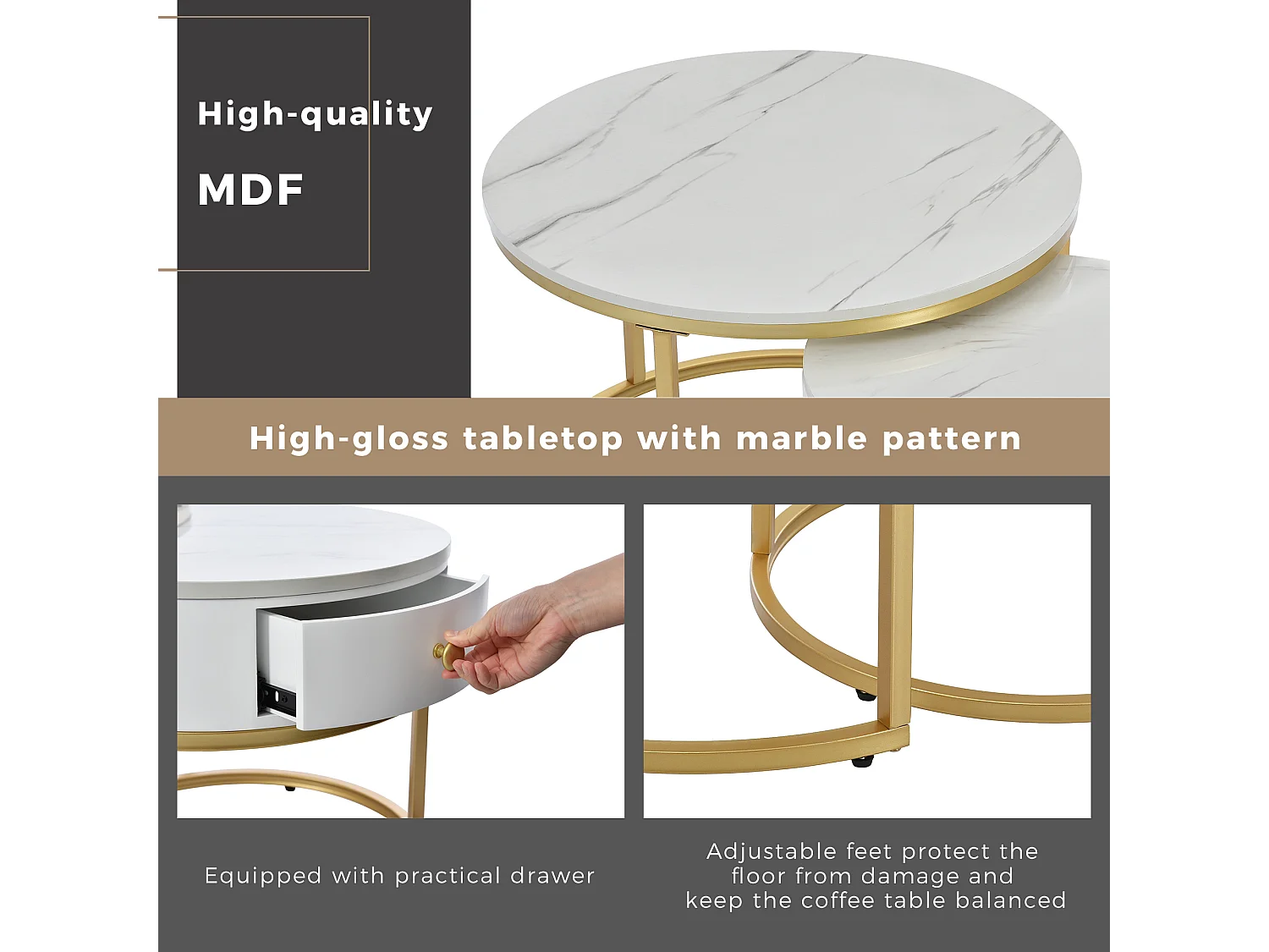 Set of 2 nesting coffee tables with drawer - Scandinavian style - marble-pattern veneer - White