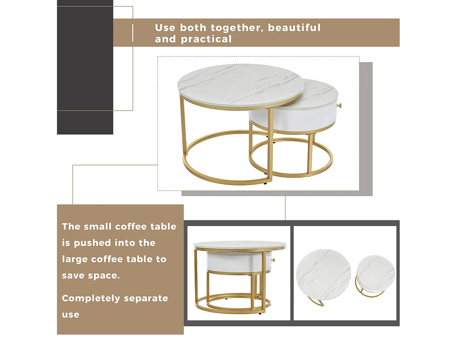 Set of 2 nesting coffee tables with drawer - Scandinavian style - marble-pattern veneer - White