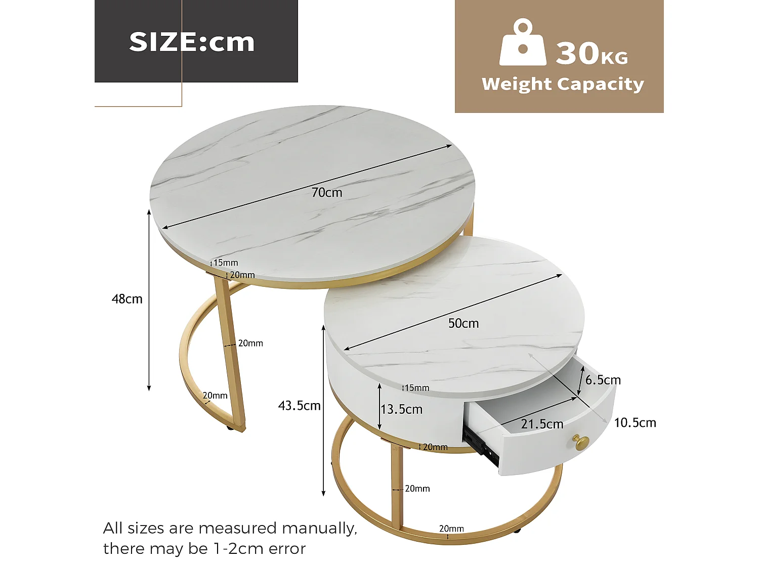 Set of 2 nesting coffee tables with drawer - Scandinavian style - marble-pattern veneer - White