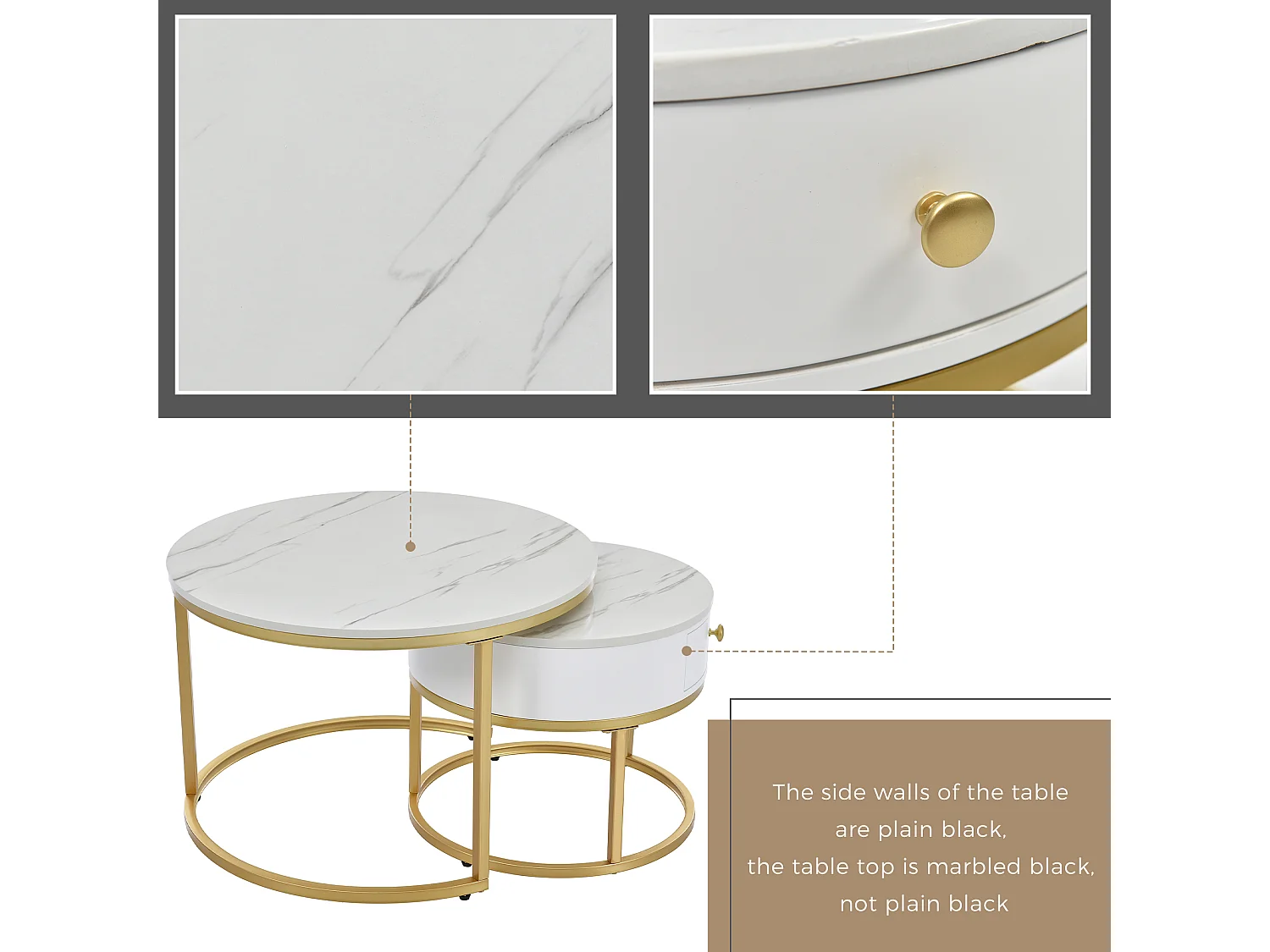 Set of 2 nesting coffee tables with drawer - Scandinavian style - marble-pattern veneer - White
