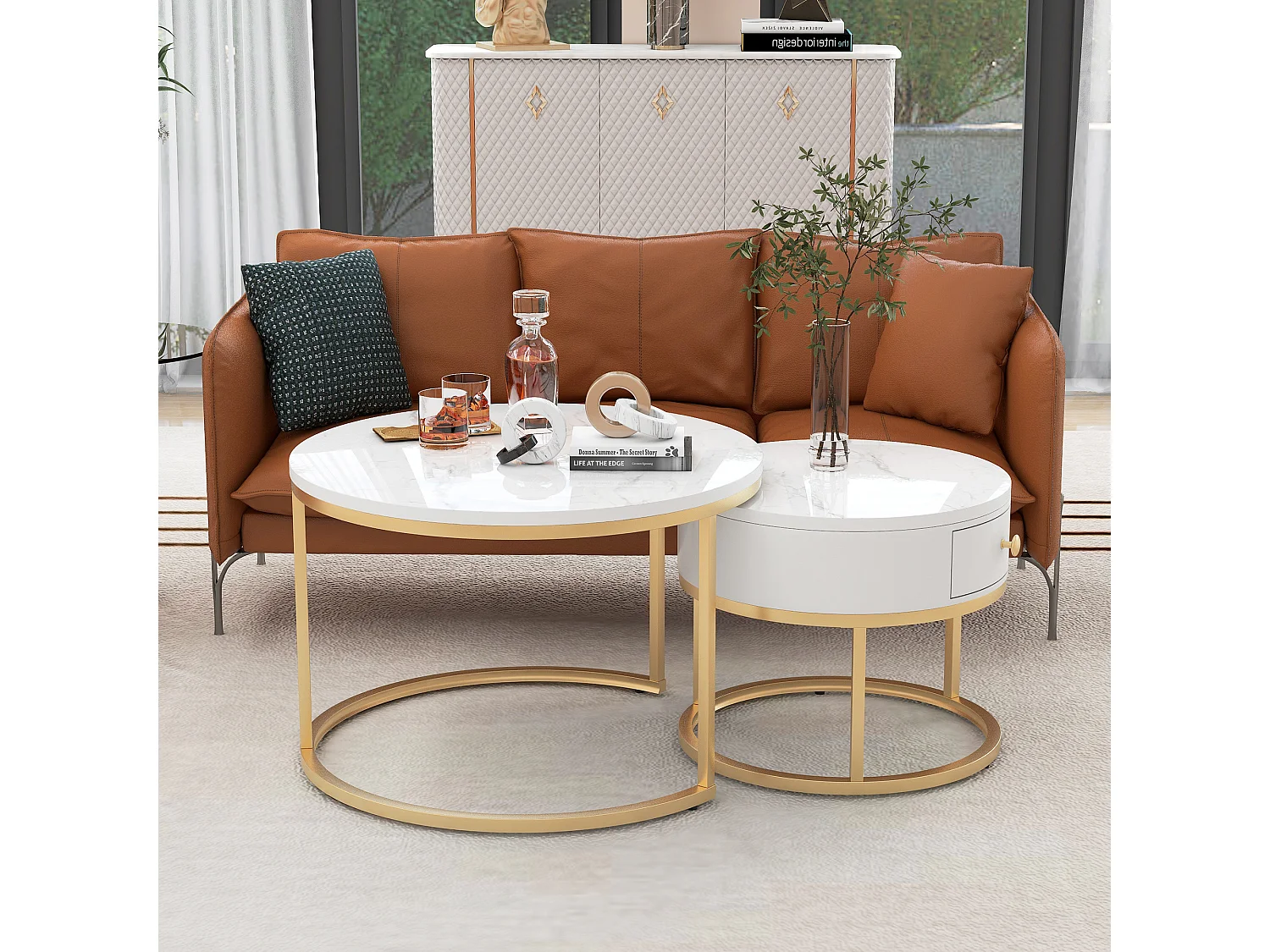 Set of 2 nesting coffee tables with drawer - Scandinavian style - marble-pattern veneer - White