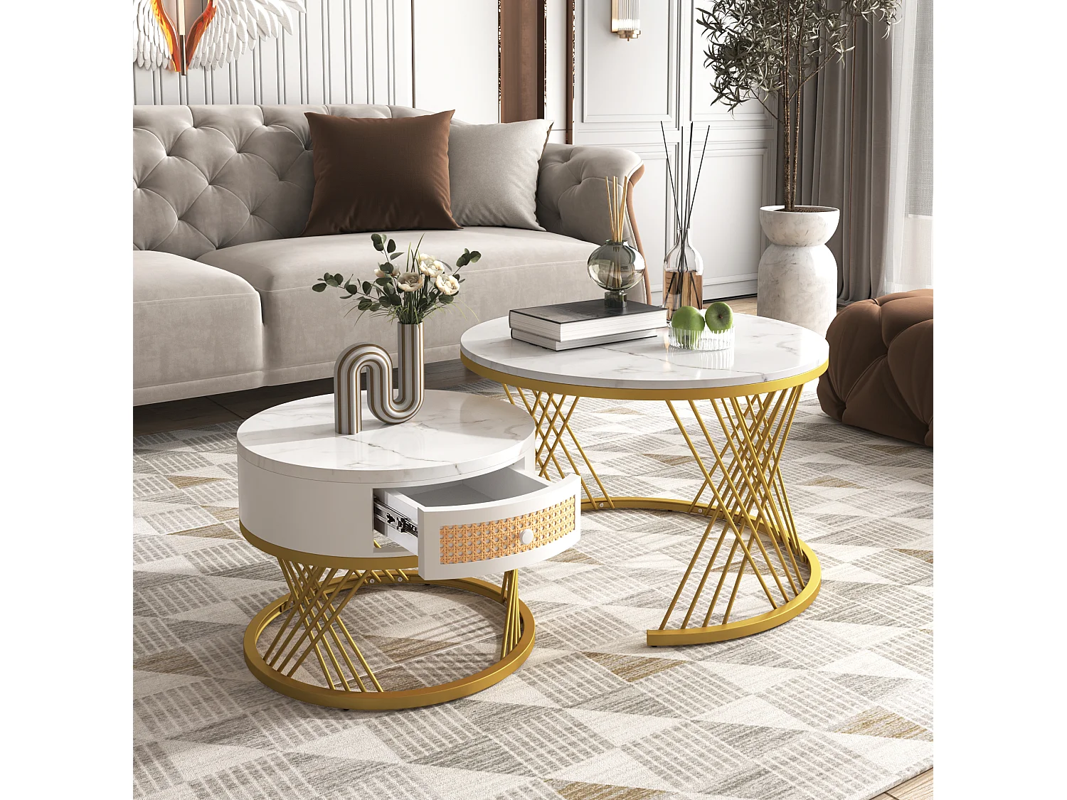 Set of 2 nesting coffee tables with drawer - MDF wood and metal - marble pattern top - white