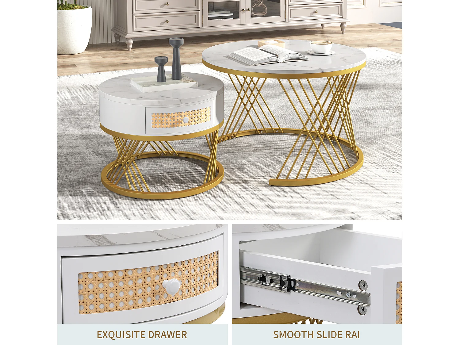 Set of 2 nesting coffee tables with drawer - MDF wood and metal - marble pattern top - white