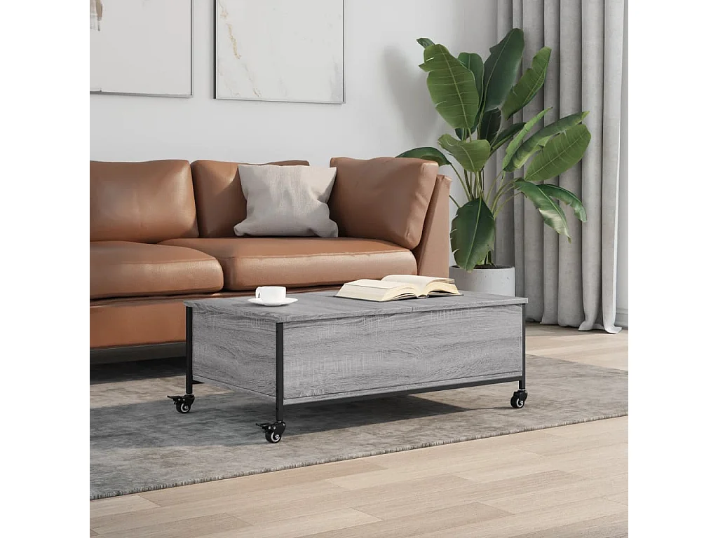 Table basse avec roulettes grise panneau de bois