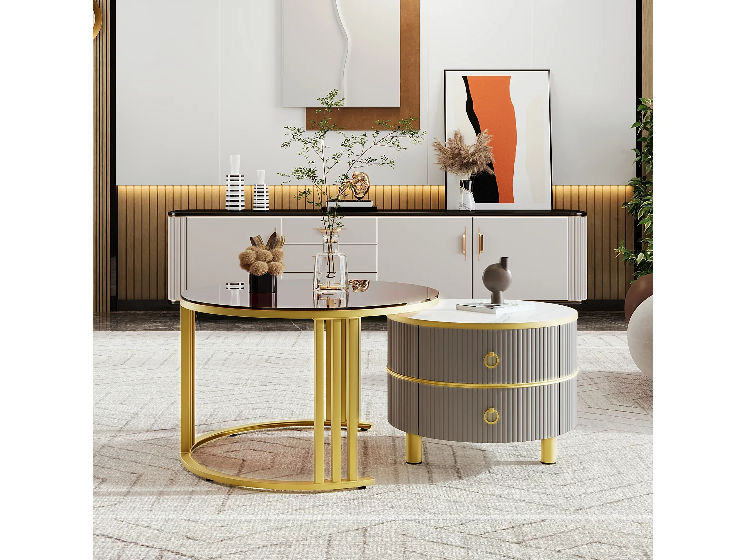 Set of 2 round nesting coffee tables in MDF - brown tempered glass top - 2 drawers - 70x70x45 + 50x50x40 cm