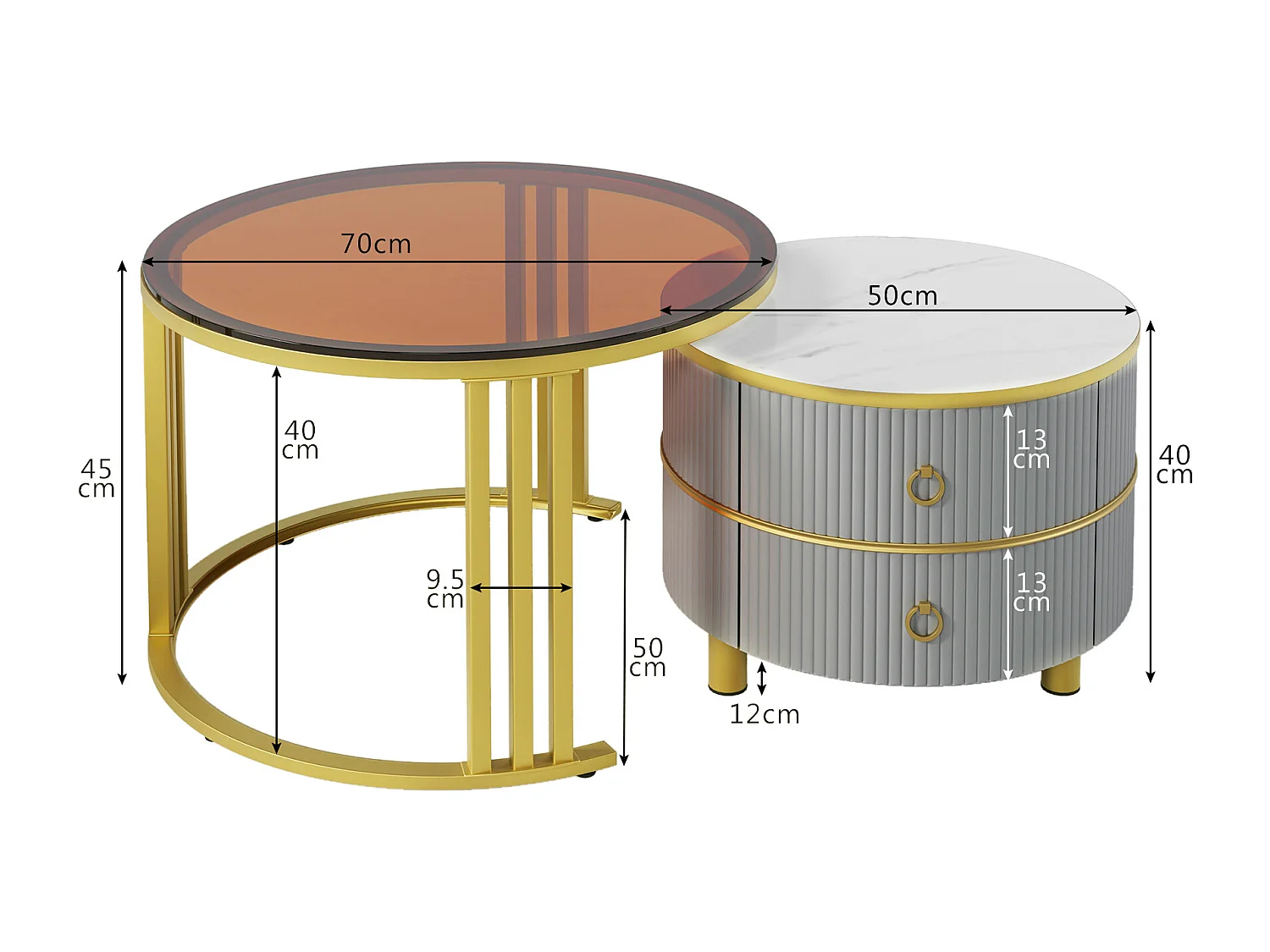 Set of 2 round nesting coffee tables in MDF - brown tempered glass top - 2 drawers - 70x70x45 + 50x50x40 cm