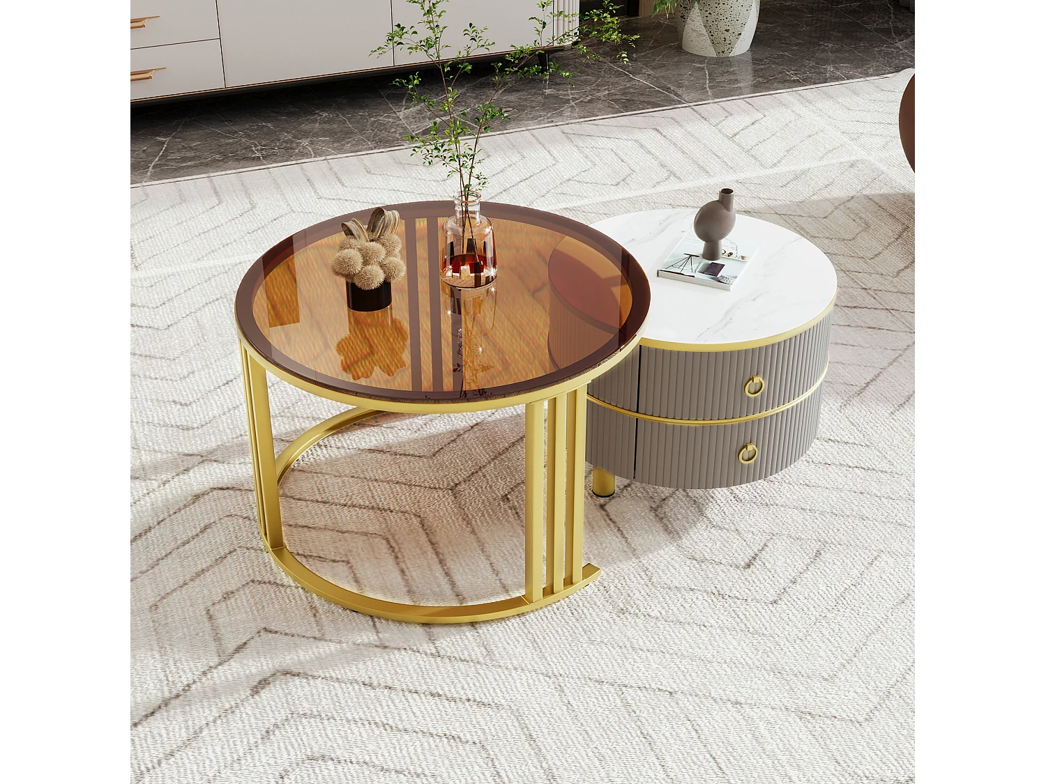 Set of 2 round nesting coffee tables in MDF - brown tempered glass top - 2 drawers - 70x70x45 + 50x50x40 cm