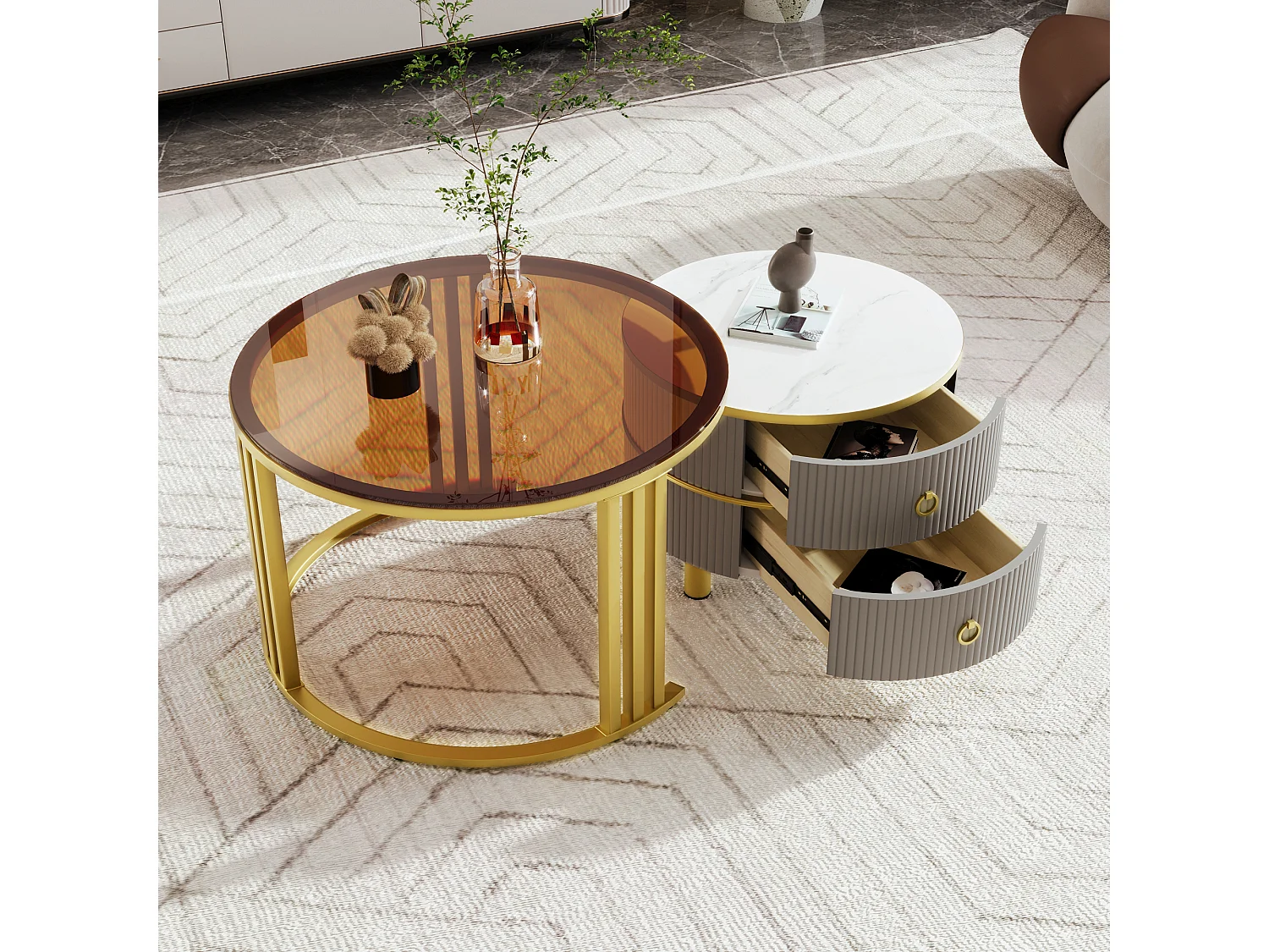 Set of 2 round nesting coffee tables in MDF - brown tempered glass top - 2 drawers - 70x70x45 + 50x50x40 cm