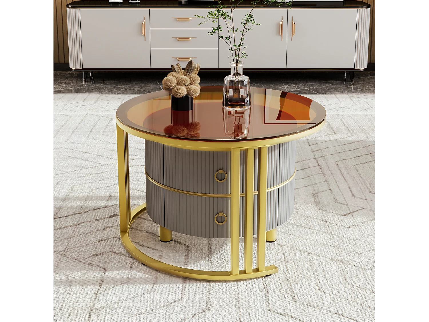 Set of 2 round nesting coffee tables in MDF - brown tempered glass top - 2 drawers - 70x70x45 + 50x50x40 cm
