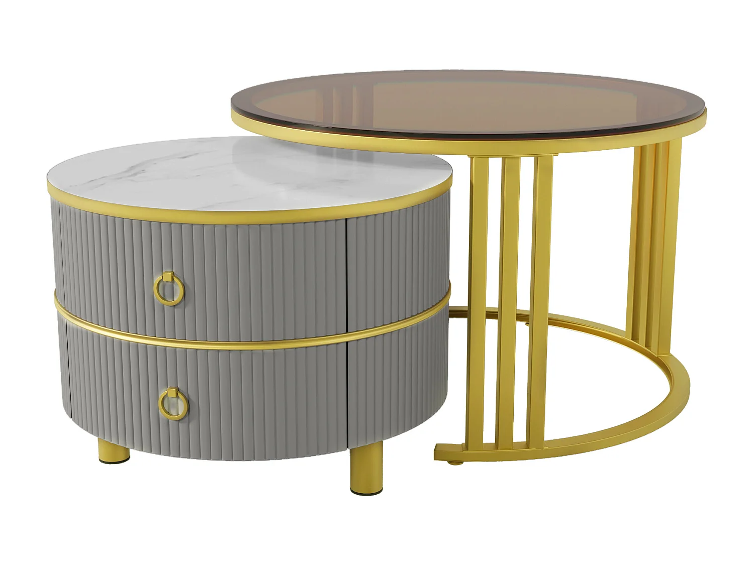 Set of 2 round nesting coffee tables in MDF - brown tempered glass top - 2 drawers - 70x70x45 + 50x50x40 cm