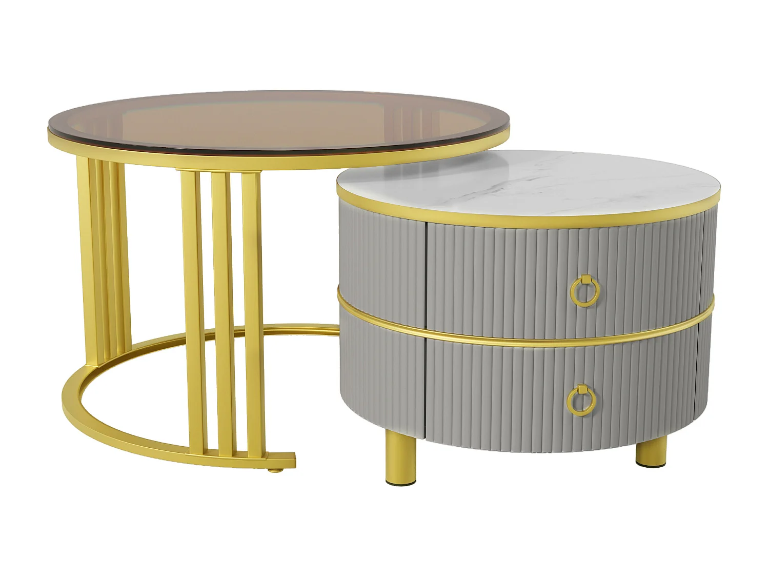 Set of 2 round nesting coffee tables in MDF - brown tempered glass top - 2 drawers - 70x70x45 + 50x50x40 cm