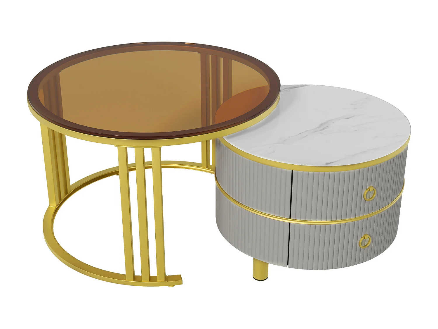 Set of 2 round nesting coffee tables in MDF - brown tempered glass top - 2 drawers - 70x70x45 + 50x50x40 cm