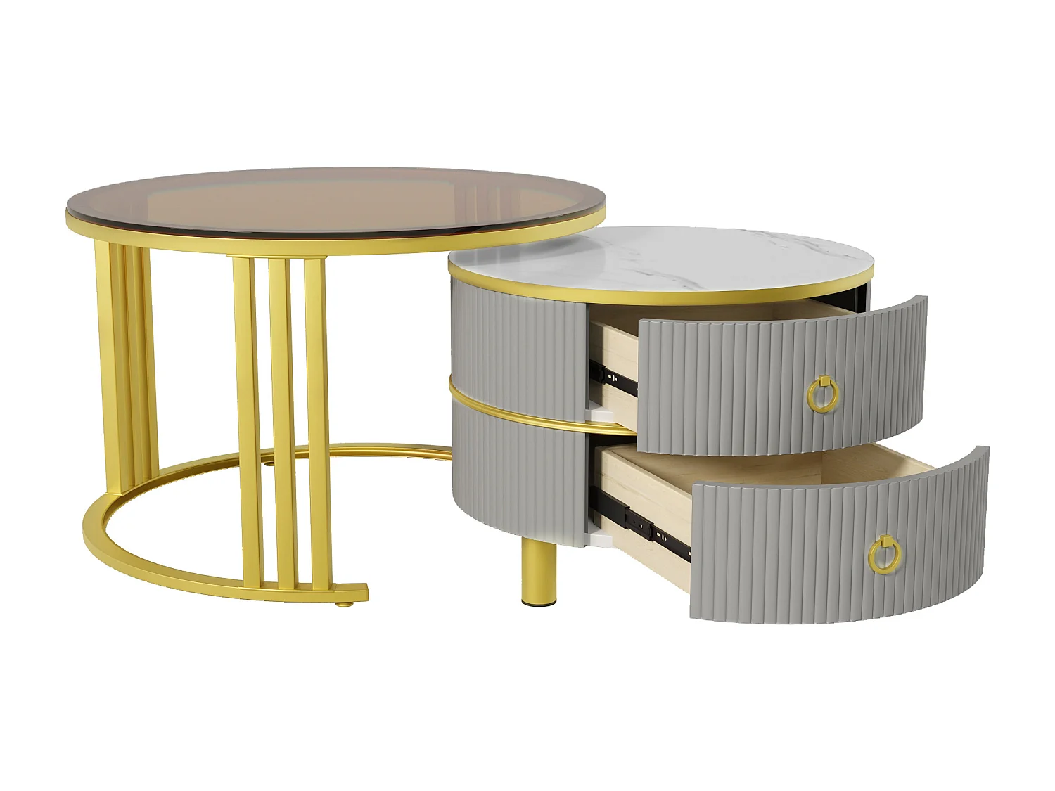 Set of 2 round nesting coffee tables in MDF - brown tempered glass top - 2 drawers - 70x70x45 + 50x50x40 cm