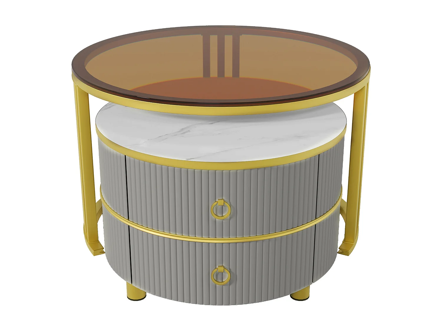 Set of 2 round nesting coffee tables in MDF - brown tempered glass top - 2 drawers - 70x70x45 + 50x50x40 cm