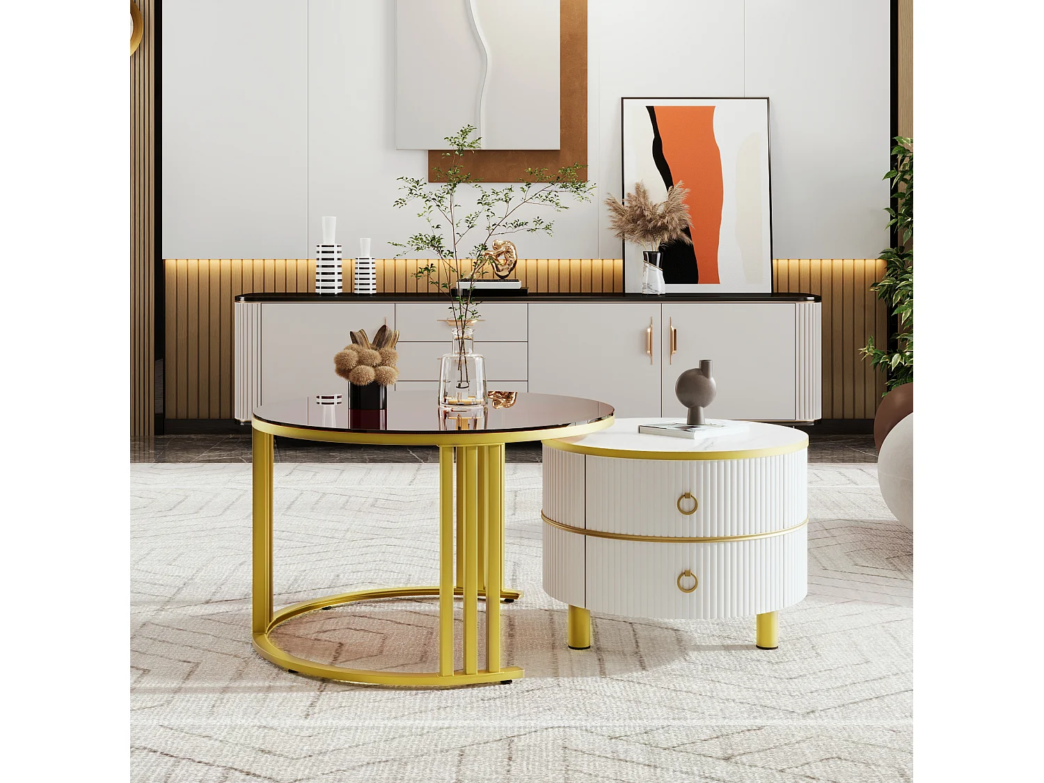 Set of 2 round 2-in-1 coffee tables, side tables in MDF - brown tempered glass top - 2 drawers - 70x70x45 + 50x50x40 cm