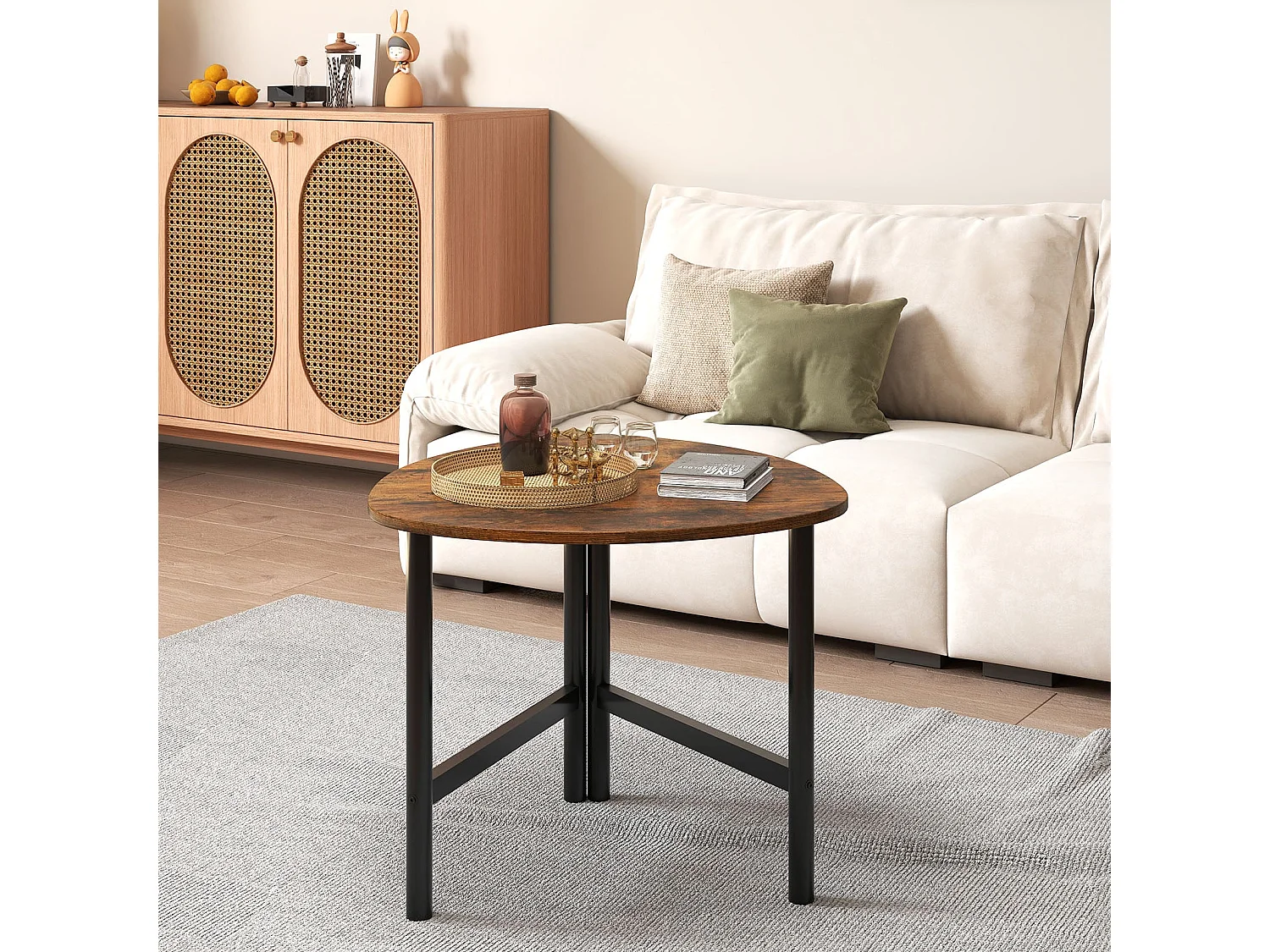 Table basse triangulaire avec pieds en métal Table basse ovale Table d'appoint industrielle Marron rustique