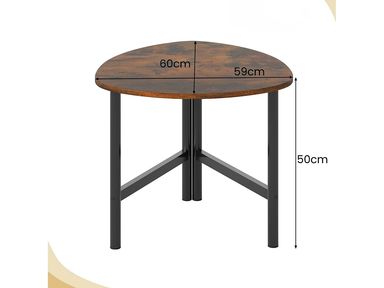 Table basse triangulaire avec pieds en métal Table basse ovale Table d'appoint industrielle Marron rustique
