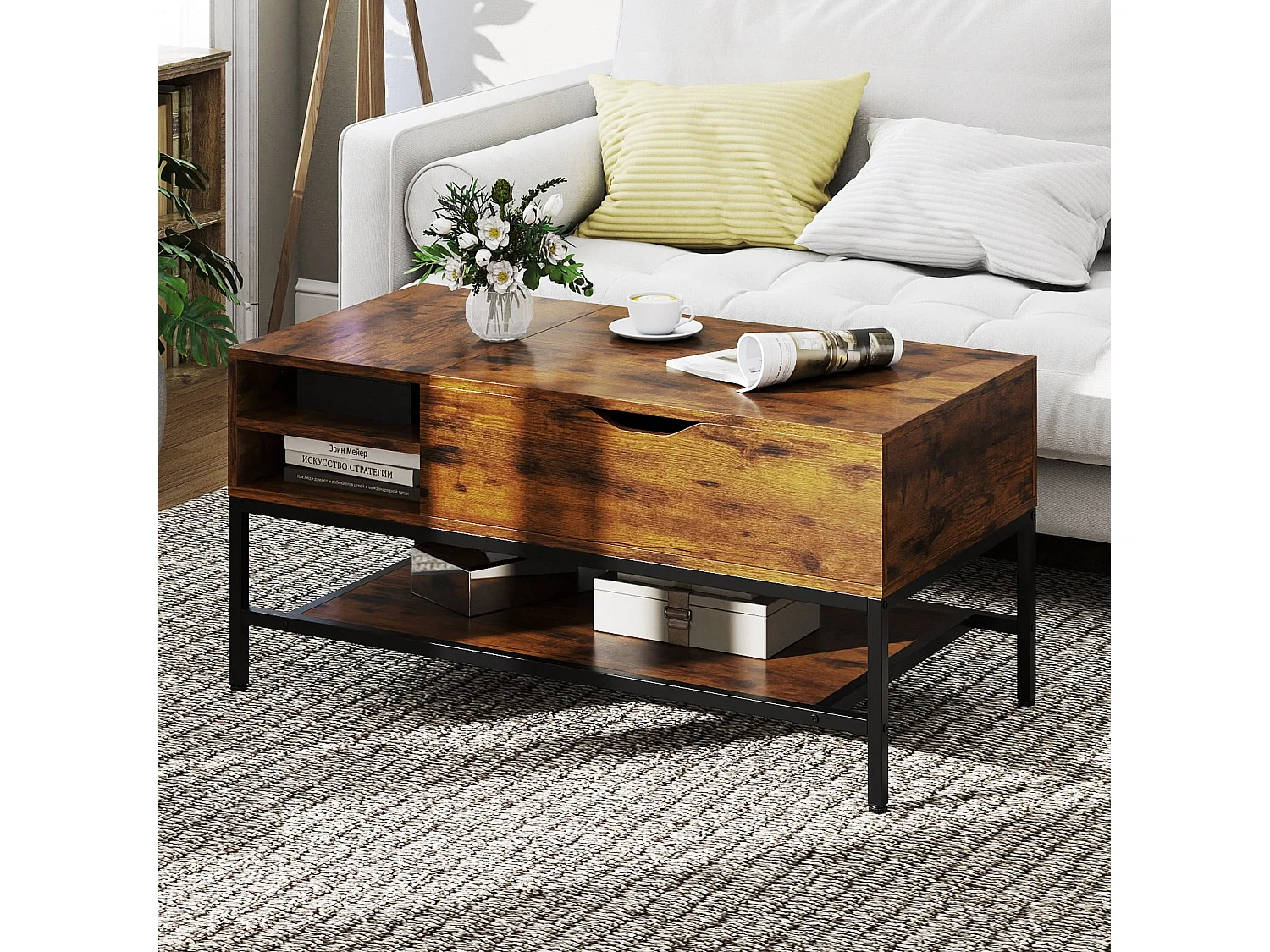 Table Basse à Plateau Relevable avec Compartiment Caché Table en Bois pour Salon avec Étagère de Rangement Table de Centre Brun Rustique