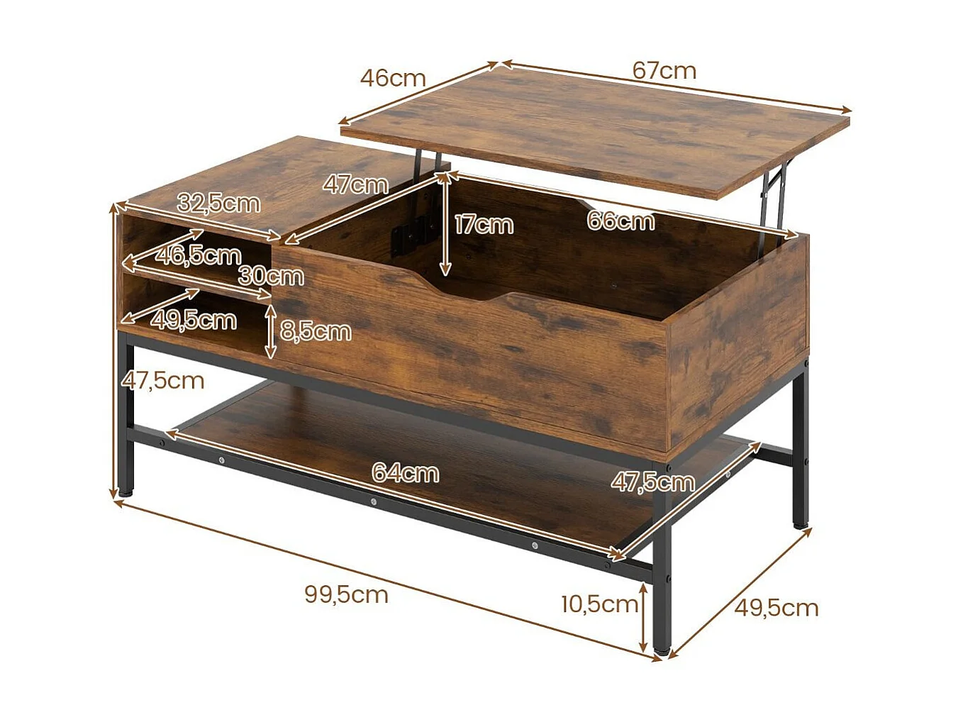 Table Basse à Plateau Relevable avec Compartiment Caché Table en Bois pour Salon avec Étagère de Rangement Table de Centre Brun Rustique
