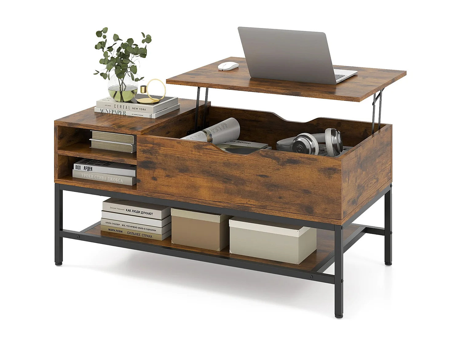 Table Basse à Plateau Relevable avec Compartiment Caché Table en Bois pour Salon avec Étagère de Rangement Table de Centre Brun Rustique