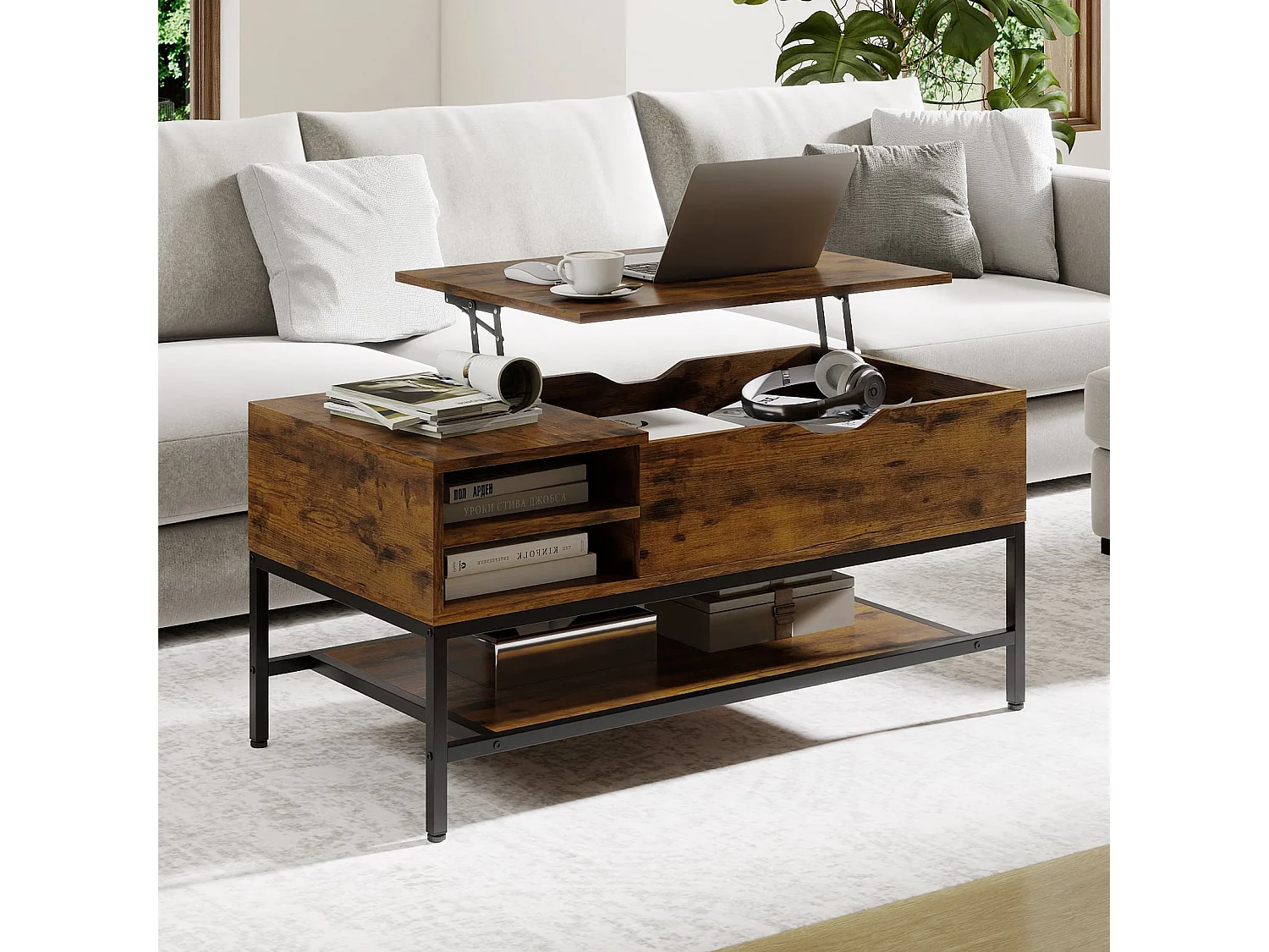 Table Basse à Plateau Relevable avec Compartiment Caché Table en Bois pour Salon avec Étagère de Rangement Table de Centre Brun Rustique