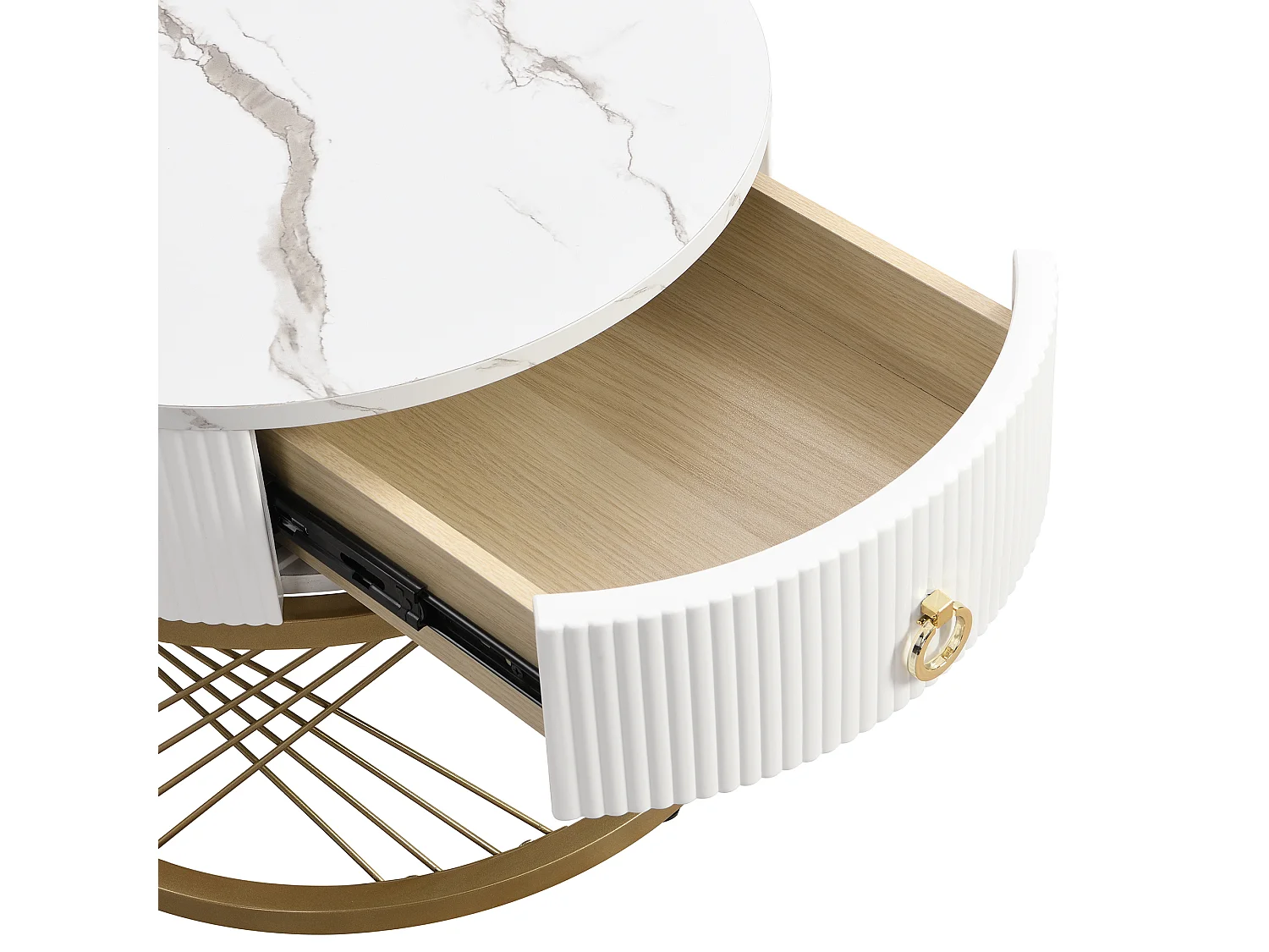 Set of 2 nesting coffee tables with a drawer, round tables - Gold metal legs - Marble pattern tops - Black + white